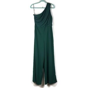 Love x Design Mesh One Shoulder Ruched Pantsuit in Emerald
